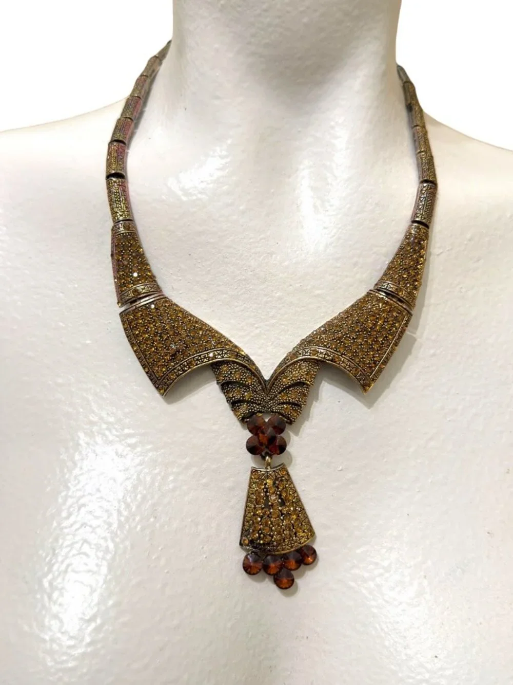 Vintage Gold-Tone Ornate Necklace With Amber Crystal Pendant & Intricate Details - Picture 9 of 11